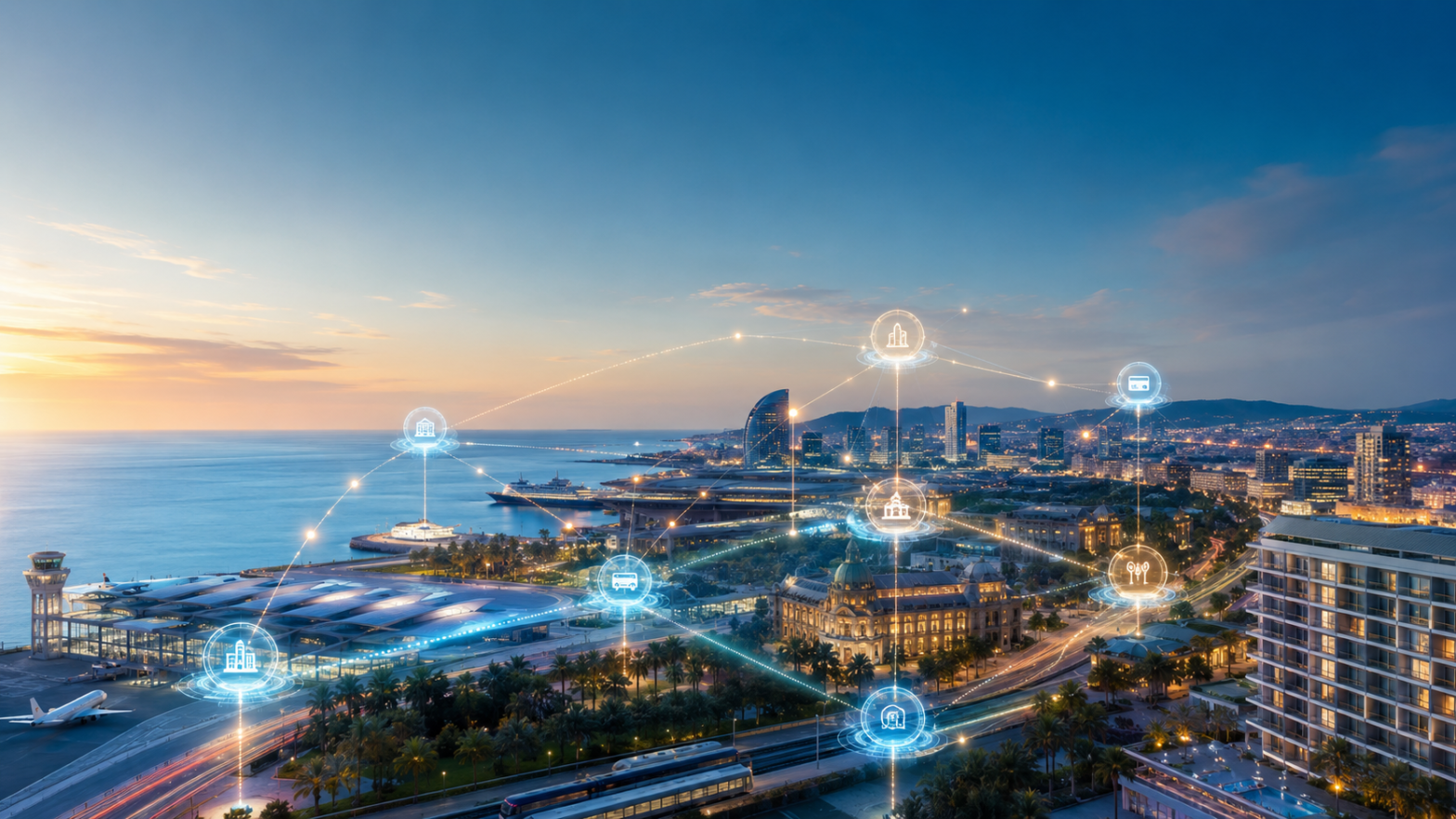 A tourism ecosystem connected through APIs across airports, hotels, transport, culture and destination services.